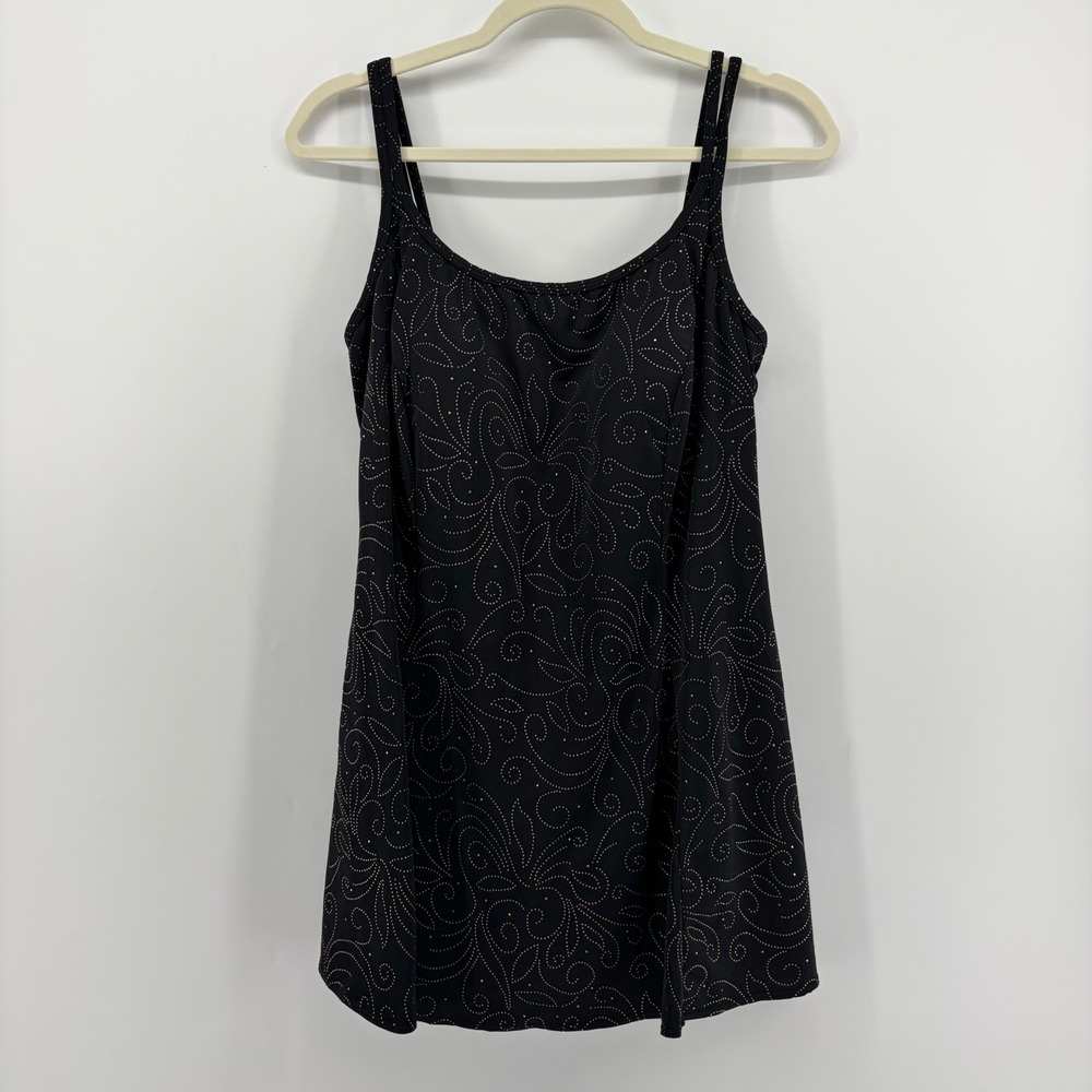 Robby Len Womens 16 Black Gold Swirl Print Swimdress Tummy Control One Piece